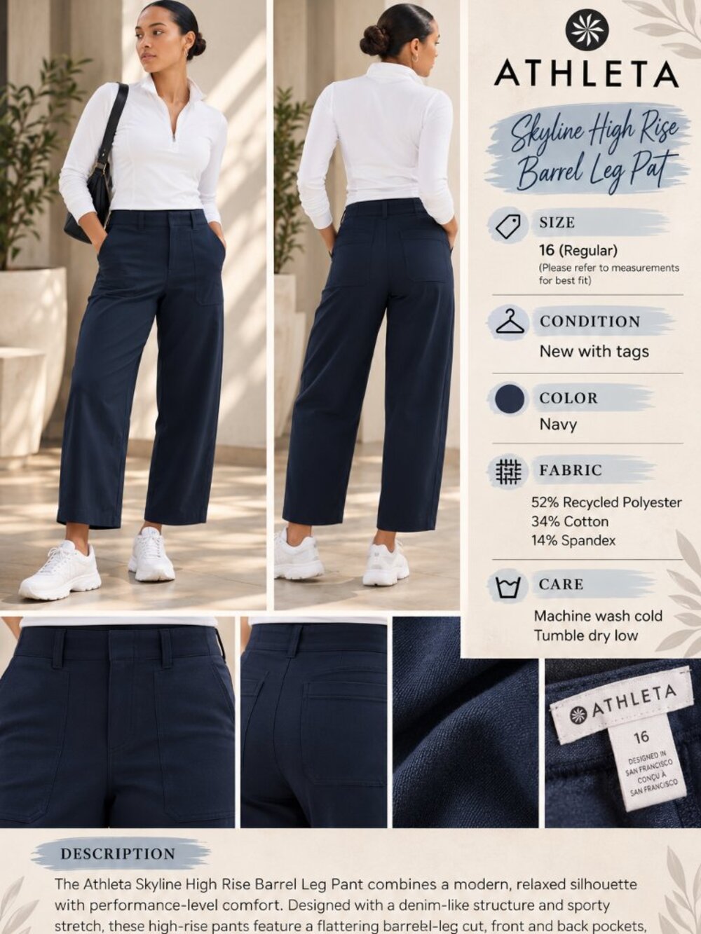Womens Athleta Navy Skyline High Rise Barrel Leg Pant Size 16 Regular NWT